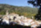 village with hills in distance